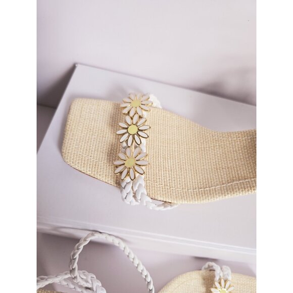 Schutz Hina Daisy Fairy Rafia Floral Lace Up White Block Heels Sandals Shoes 7.5 - Picture 8 of 14